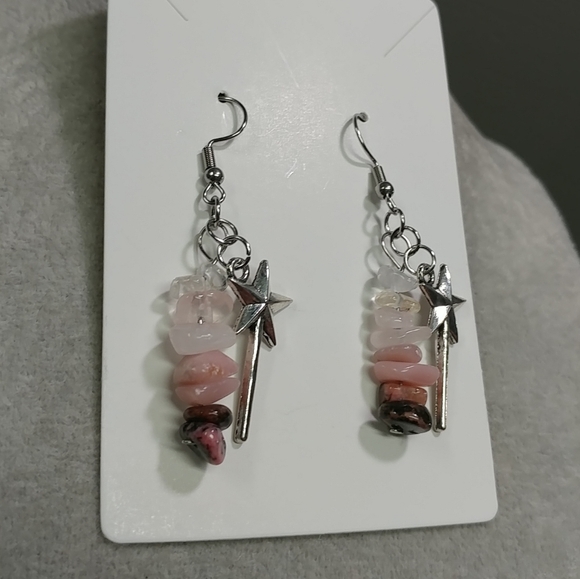Wand Earrings Natural Gemstone Rose Quartz Rhodonite Pink Opal Crystal Chip Bead - Picture 9 of 10
